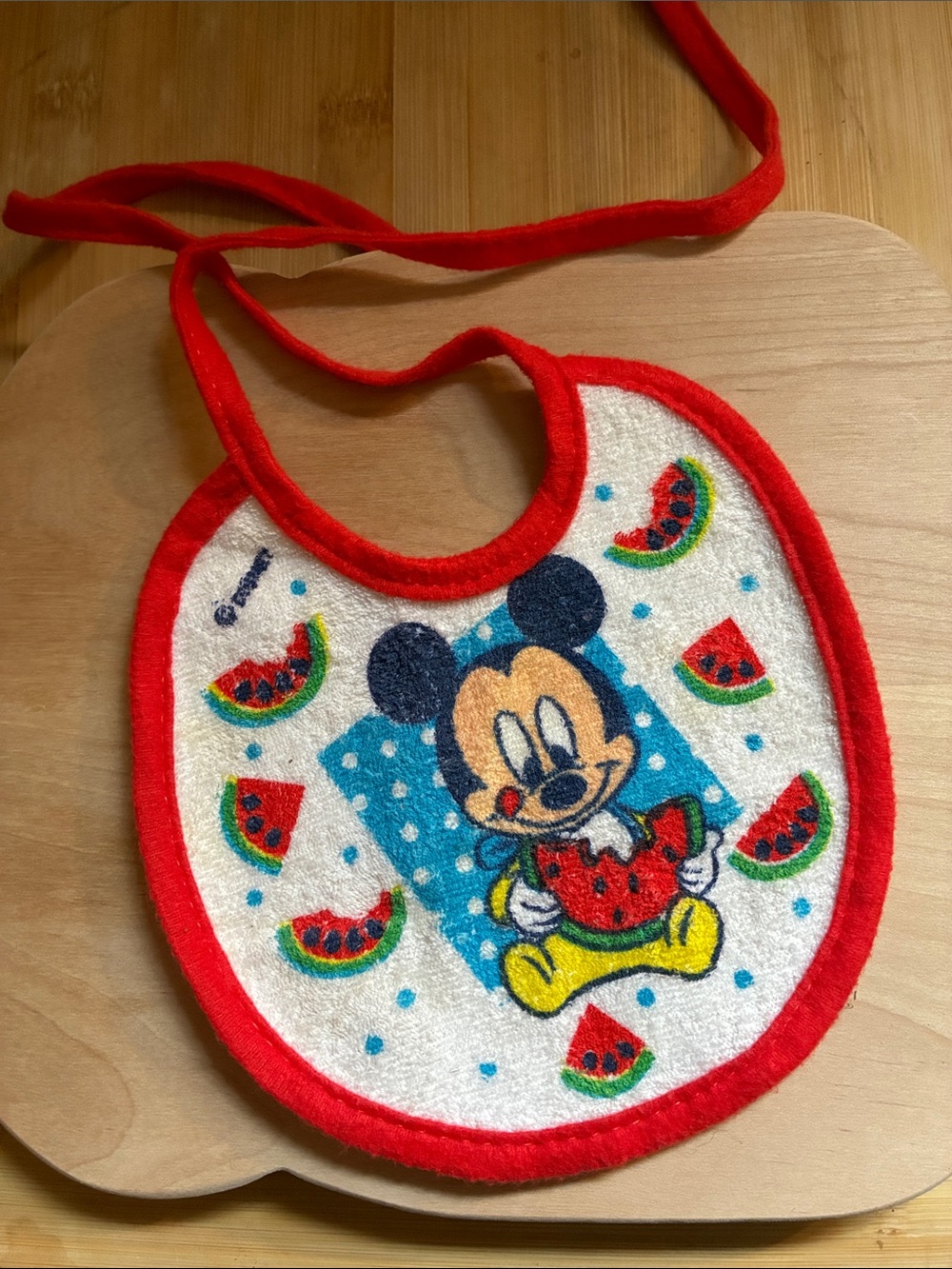 Vintage Disney Mickey Mouse Red-Trim Baby Bib with Watermelon Motif
